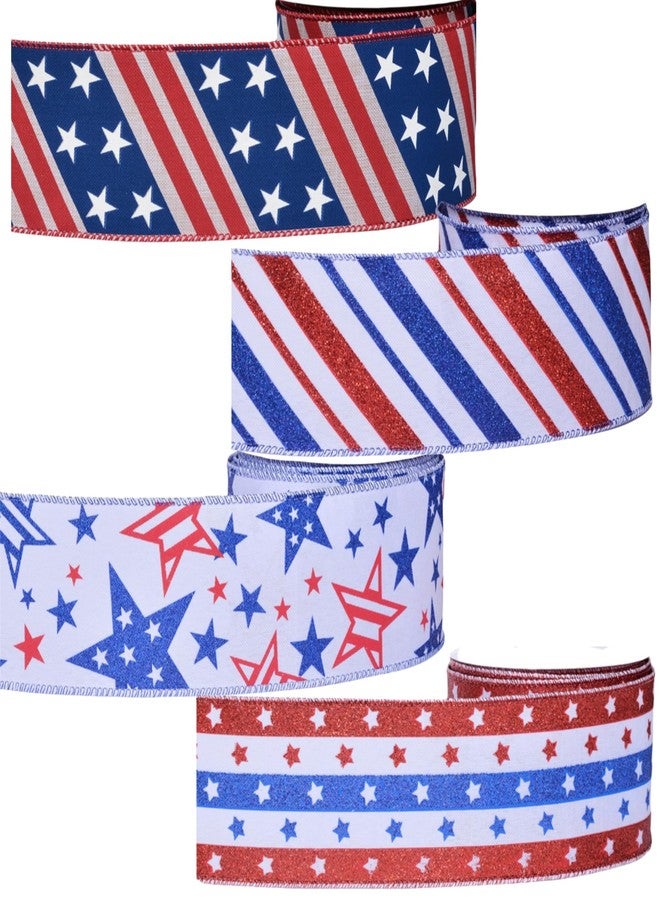 Meseey 4 Rolls Total 20 Yards Patriotic Wired Ribbon Bulk Pack - Stars & Stripes Edge for Memorial Day, 4th of July Wreaths, Parade Decor - Image 1